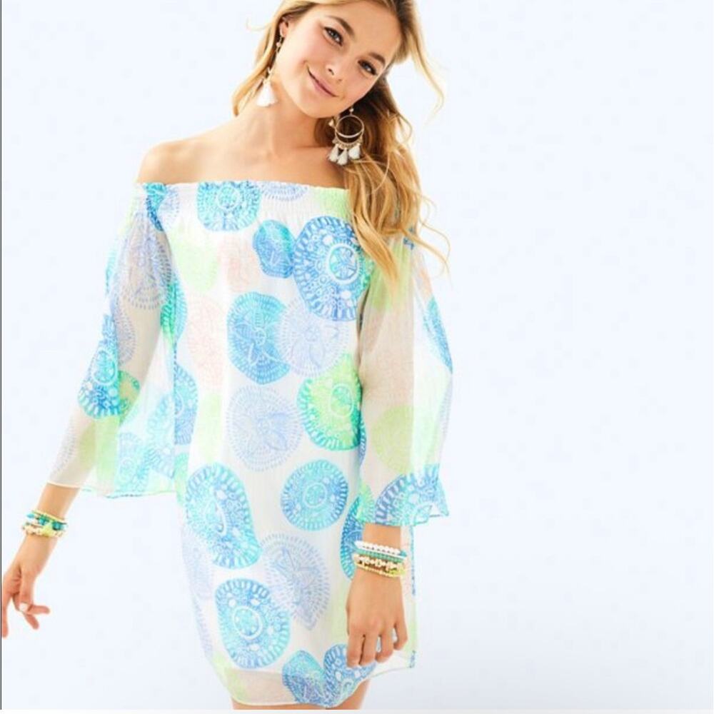 Lilly Pulitzer Abi Dress SZ Extra Small Silk Blend Off Shoulder Metallic Mini